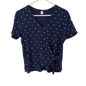 Old Navy Top Womens Size L Navy Polka Dot Faux Wrap Nautical Coastal Preppy